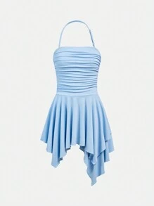 SHEIN 少女针织纯色吊带连衣裙，搭配防光短裤和不对称褶皱下摆 - 淺藍色 - 查看 5