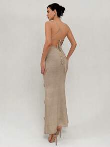 Aloruh Elegant Knitted Dress With Exquisite Floral Detailing, Fish Tail Hem, Open Back Design, Perfect For Vacation, Dating Or Evening Occasions