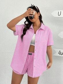 SHEIN EZwear Bộ áo sơ mi và quần short họa tiết sọc hồng trắng ngày lễ tình nhân cỡ lớn cho nữ, mặc vào mùa hè - Màu Hồng baby - Xem 3