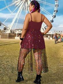 Flirla Vestido camiseros con sobrecapa de malla para mujeres de tallas grandes