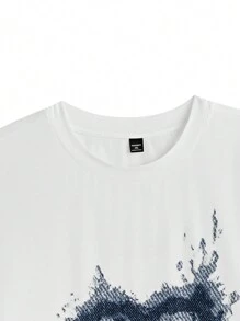 Manfinity VCAY 男士加大码休闲宽松爱心图案印花宽肩带短袖牛仔T恤，适合夏季日常穿着 - 白色 - 查看 4