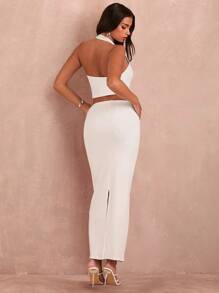 SHEIN BAE Ladies' Solid Color Simple Daily Camisole & Long Skirt Set With Halterneck Swung Collar Top Sexy Outfits Going Out Sets Summer Women Sets Two Pieces Skirt Set