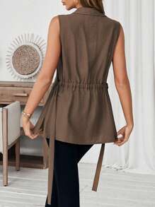 SHEIN LUNE Mid-Length Sleeveless Linen Suit Vest For Women, Casual And Lightweight, Spring/Summer, Open Slit Vest Old Money Style Fall Clothes Leopard Fall Tops Fall Outfits