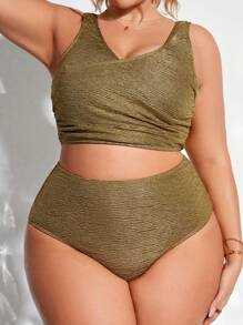 SHEIN Swim Curve 大尺碼夏季海灘純色打褶時尚比基尼套裝 - 金色 - 查看 1