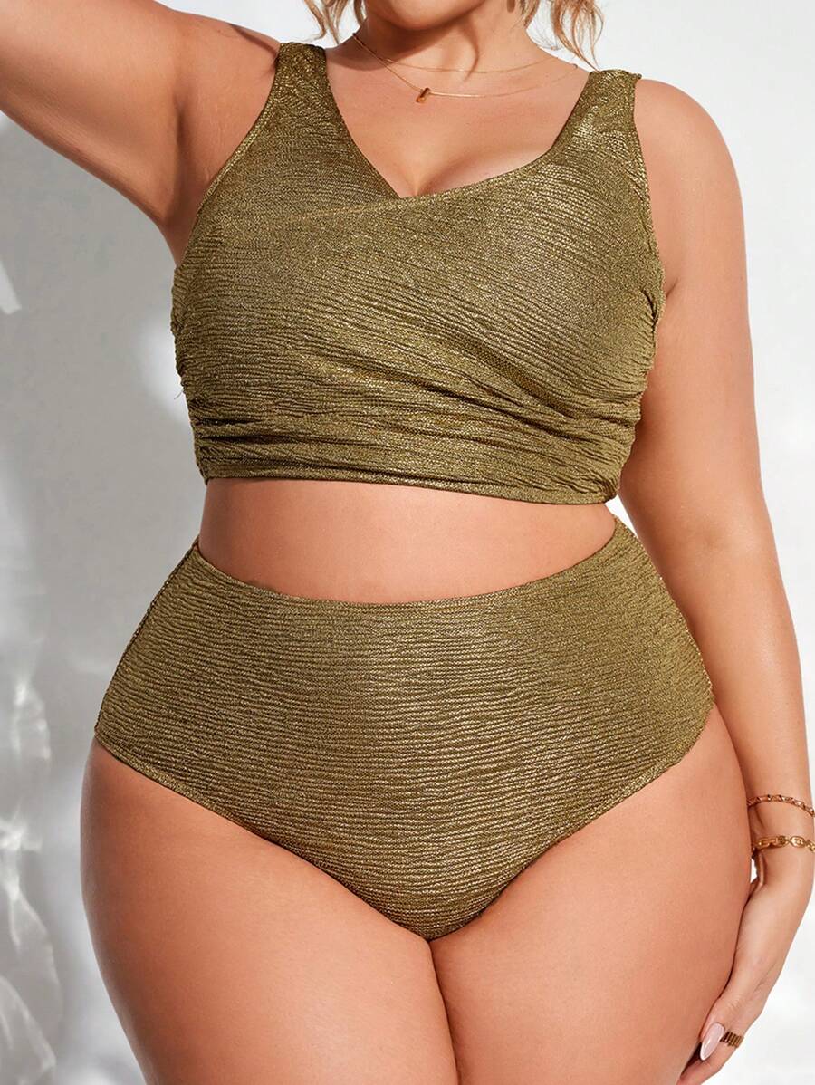 SHEIN Swim Curve 大尺碼夏季海灘純色打褶時尚比基尼套裝 - 金色 - 查看 1