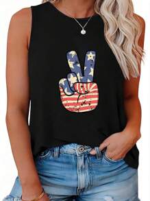 SHEIN LUNE Áo ba lỗ in hình bàn tay kéo cờ ngày độc lập cỡ lớn mùa hè - màu đen - Xem 1