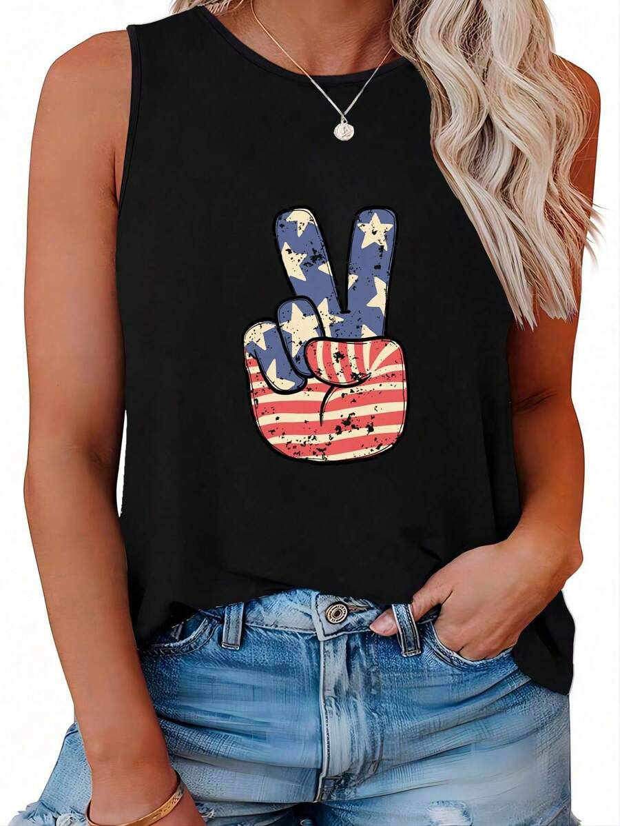 SHEIN LUNE Áo ba lỗ in hình bàn tay kéo cờ ngày độc lập cỡ lớn mùa hè - màu đen - Xem 1