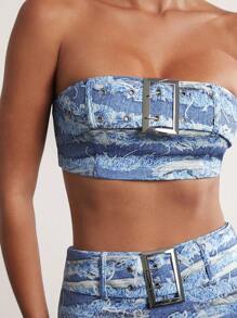 Denimoi Distressed Graphic-Effect Buckle Top & Skirt Two Pieces Set