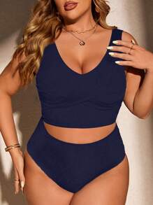 SHEIN Swim Curve Zwykły, podstawowy zestaw bikini dla kobiet w dużych rozmiarach, letnie kostiumy kąpielowe plażowe