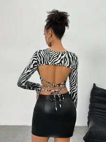 SHEIN EZwear Rave Festival Outfits Street Style Cool And Versatile Women's Zebra Print Ultra-Cropped Tie Back Open Back Long Sleeve T-Shirt - Black and White - View 2