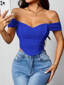 SHEIN PETITE 女士純色簡約時尚露肩上衣，日常穿搭必備 - 寶藍色 - 查看 6