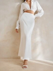 Anewsta 夏季简约优雅高腰鱼尾裙适合节日聚会服装长款缎面女装 - 白色 - 查看 1