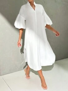 SHEIN Privé Ladies' Elegant Summer Lantern Sleeve Midi Loose Dress With Stand Collar, Suitable For Daily Wear, Vacation, Beach, Romantic Dates, Weddings, And Evening Parties