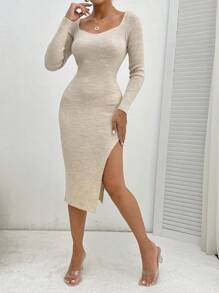 EURMUSE Sweetheart Neck Split Thigh Sweater Dress - Apricot - View 1