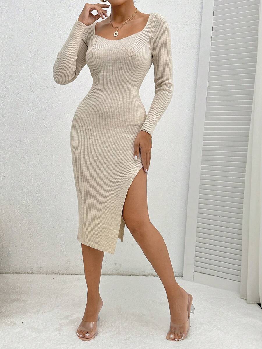 EURMUSE Sweetheart Neck Split Thigh Sweater Dress - Apricot - View 1