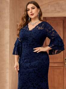 Plus Size V-Neck Ruffle Sleeve Floral Lace Mermaid Maxi Dress, Suitable For Valentine's Day, Wedding Guest, Prom, Birthday, Holiday, Graduation Ceremony, Gala And Other Occasions - Navy Blue - View 8