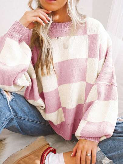 Checkered Pink Bishop Sleeve Elegant Sweater,Long Sleeve Tops