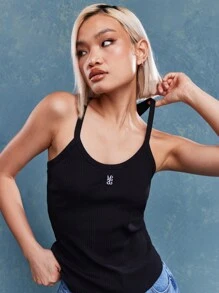 MISSGUIDED Logo Ribbed Spaghetti Strap Tank Top - Black - View 3
