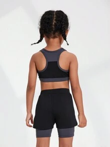 SHEIN Conjunto deportivo para niñas jóvenes con top sin mangas + shorts holgados de bloques de color, ropa deportiva transpirable y cómoda para exteriores