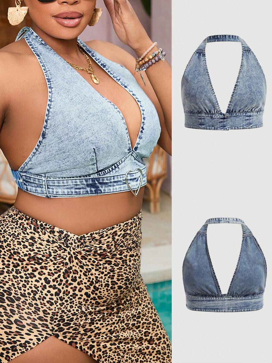 Slaydiva Plus Size Sexy Denim Top With Heart-Shaped Buckle, Halter Neck And Backless Design, Blue - Light Wash - View 1