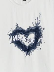 Manfinity VCAY 男士加大码休闲宽松爱心图案印花宽肩带短袖牛仔T恤，适合夏季日常穿着 - 白色 - 查看 3