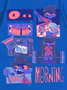 GAWX Artist 男士夏季卡通字母印花圆领短袖休闲 T 恤，100% 纯棉图案 T 恤，节日、新年、度假、春季、节日 - 寶藍色 - 查看 4