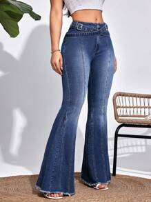 Breezaya Thắt lưng nữ có dây buộc trang trí loe Quần jean thường vừa vặn - Màu xanh lam - Xem 4