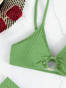 SHEIN Swim 女士純色環形連結性感比基尼套裝，含分離式上下衣，夏季沙灘服飾 - 綠色 - 查看 6