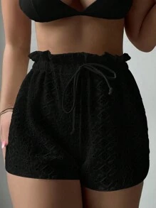 SHEIN Swim 纯色针织提花休闲罩衫短裤夏季 - 黑色 - 查看 8