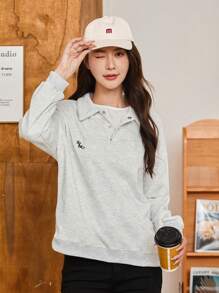 Women's Light Grey Loose Fit Turn-Down Collar Long Sleeve Sweatshirt, Family Matching Outfits (2 Pieces Are Sold Separately) Pullover Fall Outfit - Light Grey - View 3