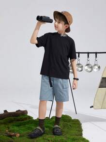 SHEIN 少年男孩休閒舒適短袖t卹與字母印花實用短褲套裝 - 藍色 - 查看 7