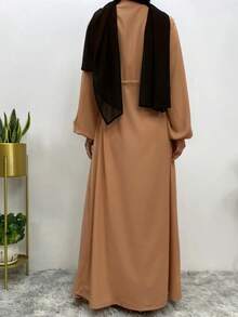 Fashion Women's Loose Collar Casual Plain Color Full Button Long Arabian Robe - Brown - View 2