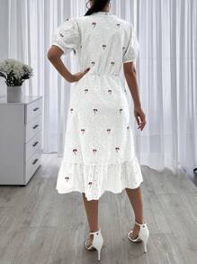 SHEIN Cottnline Floral Embroidery Short Sleeve Dress - White - View 3