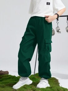SHEIN Tween Boy Flap Pocket Side Cargo Pants - Green - View 1