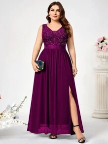 大码深V领亮片花卉蕾丝雪纺无袖正式派对连衣裙 夏季优雅 - 紫紅色 - 查看 1