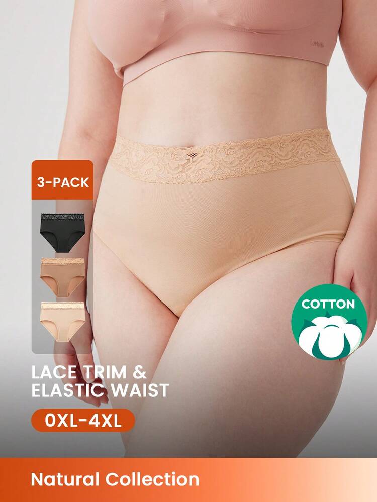 Paquete de 3 bragas de algodón con encaje y talle alto para mujer- Tonos terrosos