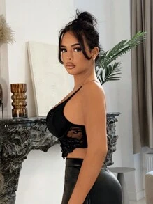 SHEIN SXY قميص الكاميسول مع دعم سلكي وتفاصيل دانتيل مقصَّد للنساء في الصيف - الأسود - مشاهدة 4