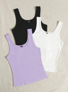 Comfortcana Summer Casual Solid Color Knitted Tank Top Three Pieces Set - Lilac Purple - View 4