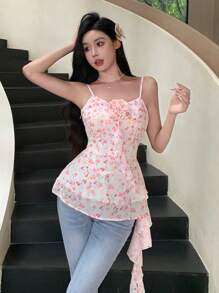 DAZY Vestido de tirantes de mujer con estampado completo, vestido mini con volantes y estampado floral bohemio para vacaciones - Rosa - Ver 1