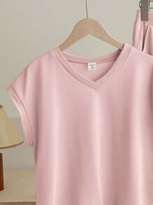 SHEIN Tween Girls' Knitted Plain Basic Loose-Fit V-Neck T-Shirt And Wide Leg Casual Pants Two-Piece Set - Pink - View 6