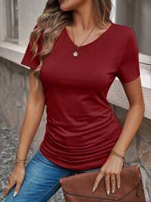 EMERY ROSE Áo thun nữ ngắn tay cổ chữ V màu trơn mùa hè - Màu Đỏ Sâu - Xem 3