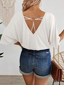 SHEIN LUNE تي شيرت تيشيرت كاجوال فضفاض بأكمام الخفاش عنق على شكل V بلون صلب للنساء في الصيف - أبيض - مشاهدة 1