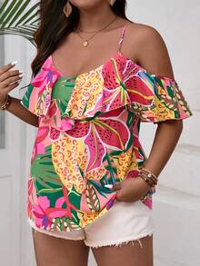 SHEIN VCAY Plus Size Tropical Printed Off Shoulder Ruffled Cami Top, Vacation & Casual - Multicolor - View 4