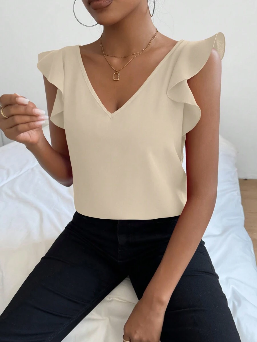 SHEIN Privé 女士V領蕾絲鑲邊蓋肩短袖上衣 - 杏色 - 查看 1