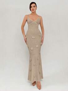 Aloruh Elegant Knitted Dress With Exquisite Floral Detailing, Fish Tail Hem, Open Back Design, Perfect For Vacation, Dating Or Evening Occasions