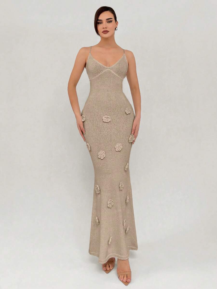 Aloruh Elegant Knitted Dress With Exquisite Floral Detailing, Fish Tail Hem, Open Back Design, Perfect For Vacation, Dating Or Evening Occasions