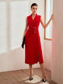 MOTF PREMIUM VESTIDO SOLIDO CON CUELLO PICO, BOTONES DORADOS, DETALLE FRUNCIDO Y ABERTURA EN EL MUSLO - Rojo - Ver 5