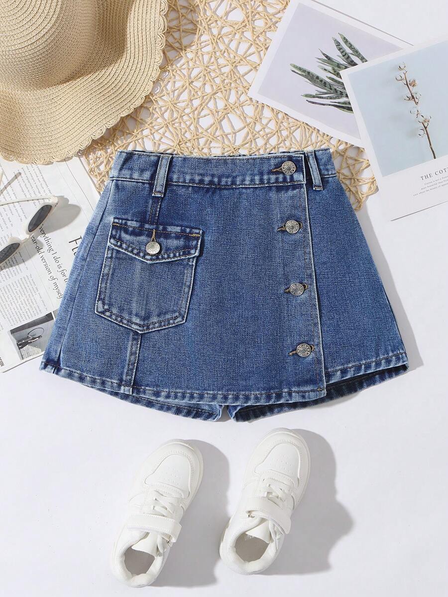SHEIN Falda pantalón de mezclilla cargo con abertura lateral para niñas preadolescentes - Azul lavado medio - Ver 1
