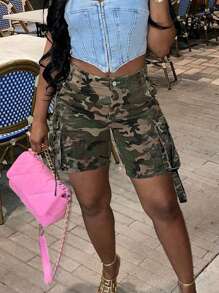 Women's Loose Straight Cut Camouflage Y2K Denim Shorts With Multiple Pockets - Khaki - View 1