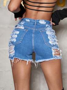 Y2K 锐舞街头风高弹斜插口袋做旧毛边牛仔迷你短裤，休闲修身款